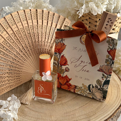 Coffret d'Invités – Éventail, Parfum & Sac Cadeau Personnalisé