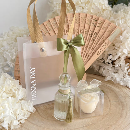 Coffret Henna Day – Éventail, Parfum Fleur d’Oranger & Bougie Personnalisés