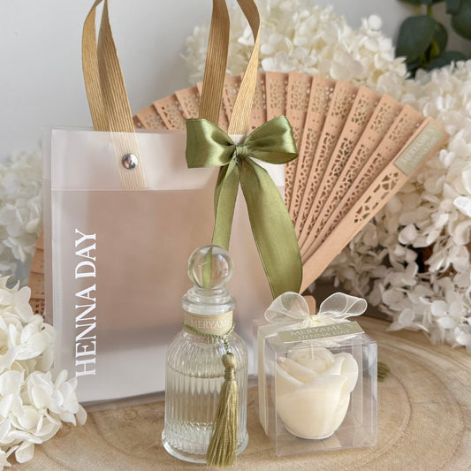 Coffret Henna Day – Éventail, Parfum Fleur d’Oranger & Bougie Personnalisés