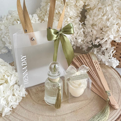 Coffret Henna Day – Éventail, Parfum Fleur d’Oranger & Bougie Personnalisés