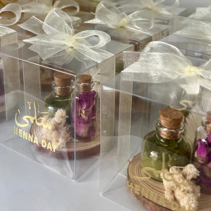 Coffret Cadeau pour Soirée Henné – Flacons en Verre avec Poudre de Henné & Fleurs Séchées
